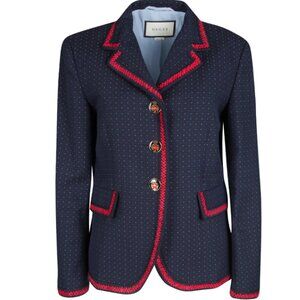Gucci Navy Blue Dotted Contrast Trim Detail Blazer